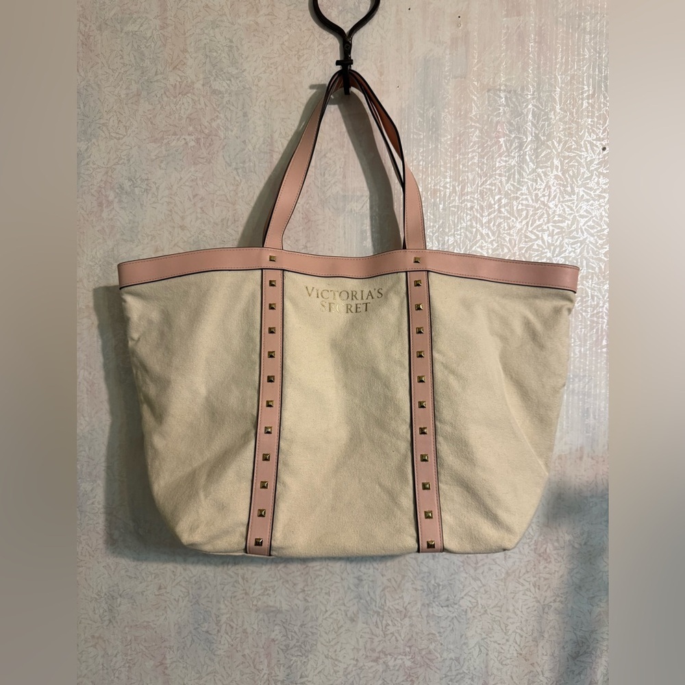 Victoria's‎ Secret Beige Canvas Tote Bag with Pink Trim and Gold ...